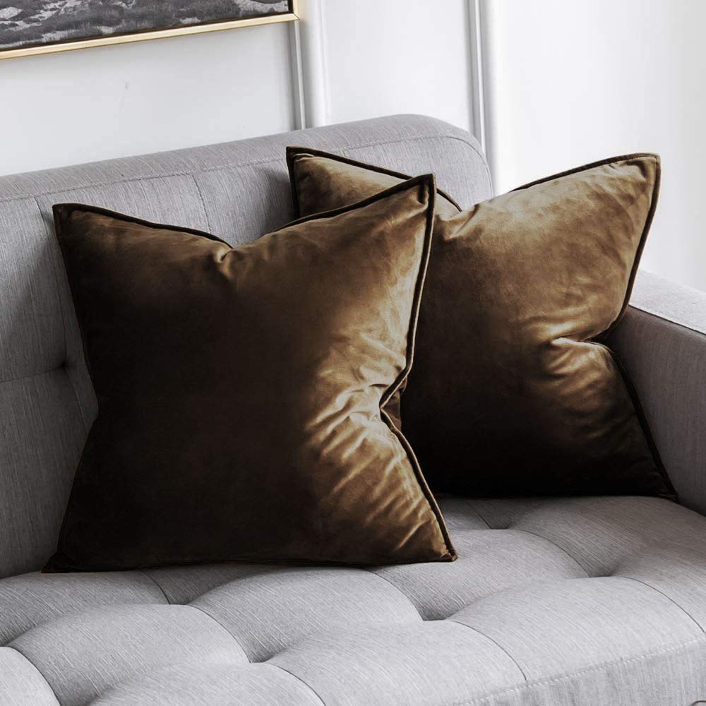 KhootiDecorative Velvet Square Cushion Cover Throw pillow cover for Living Room Couch Diwan single seater Sofa , Colourful Modern Small 24 x 24 Inches / 60 x 60 cm (Colour - Brown)(Set of 1 piece) C2