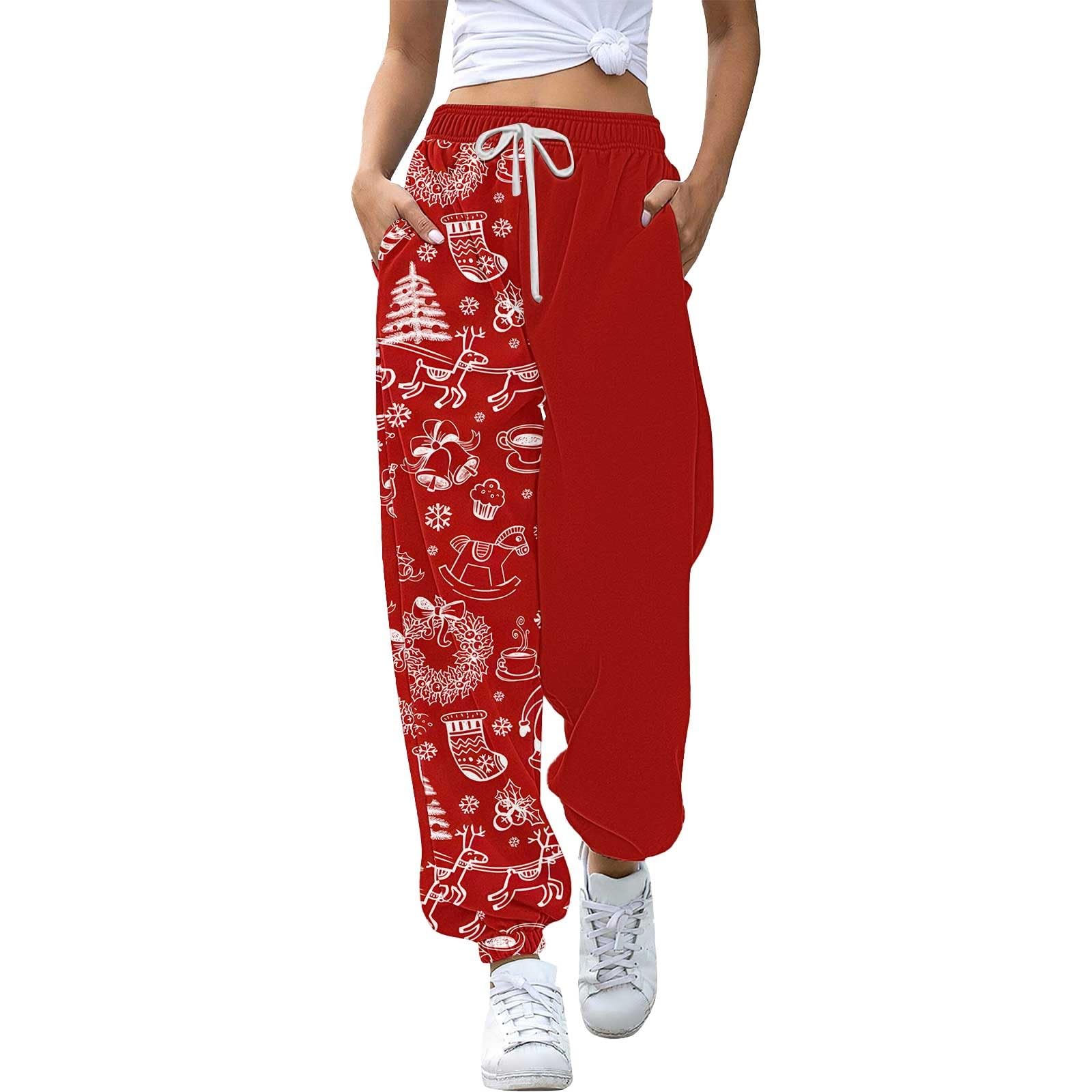 Womens Christmas Sweatpants Color Block Trousers Casual Drawstring Waist Wide Leg Santa Claus Sports Work Sweat Pants