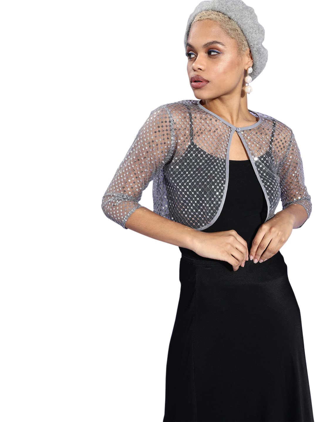 style quotient Women Gold-Toned Sheer Sequinned Crop Button Shrug-picture-10