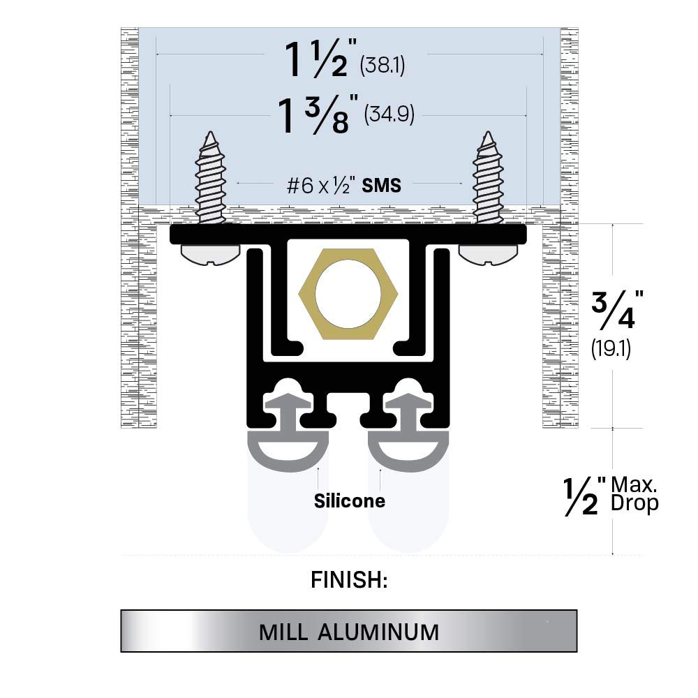 Hollow Metal Standard Concealed Automatic Door Bottom with Double Silicone Solid Rubber Extrusion (7553MA), SMS #6 x 1/2'' supplied, (1-3/8'' W x 3/4'' H x 42'' L)