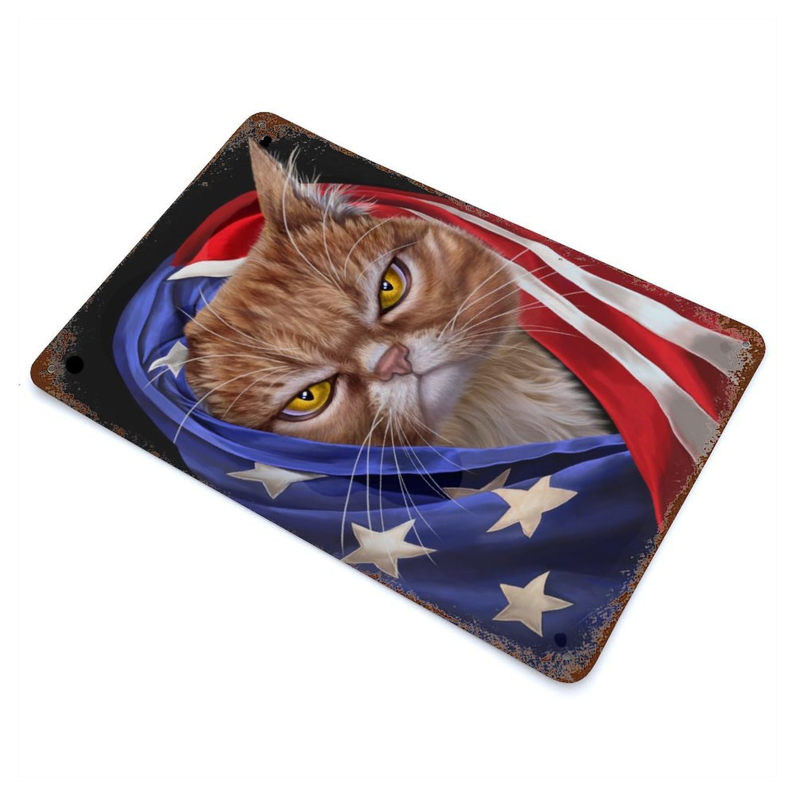 Garage Style Orange Cat USA Patriot Rust Effect Tin Sign 11.8"x7.9", Industrial Home Decor for Bar And Workshop