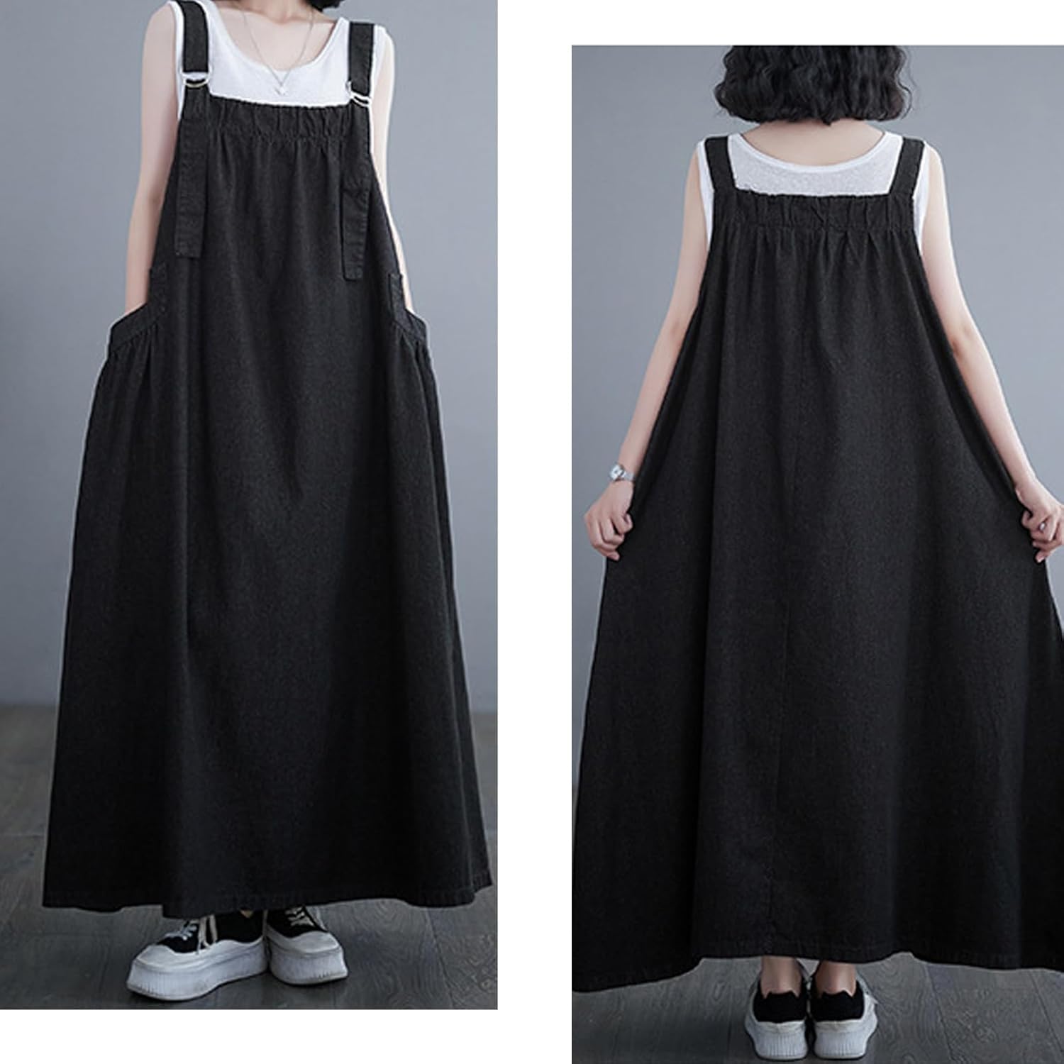 Denim Jumper Dress for Women Maxi Loose Adjustable Straps Long Jean Dresses Plus Size Overall Dress with Pockets - Image 3