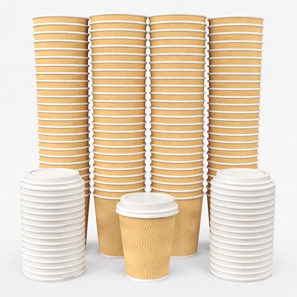 VABE UK 100 X 12oz Ripple Kraft Disposable Coffee Cup with Lids | Takeaway Paper Cups | Triple Wall Insulated Eco - Friendly Cups for Hot/Cold Drinks (Brown)