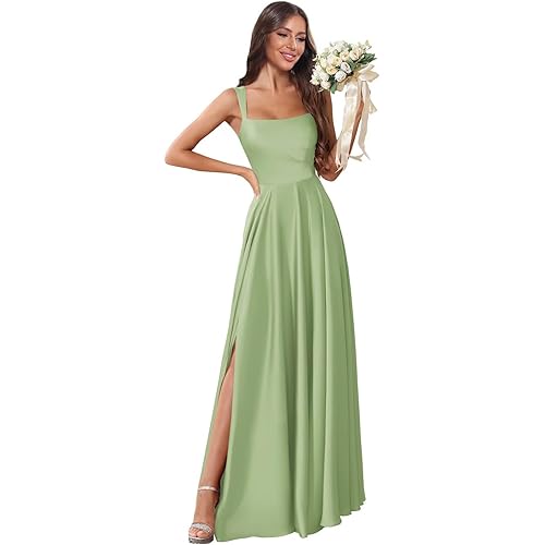 Satin Square Neck Bridesmaid Dresses for Women Elegant A-Line Spaghetti Straps Pleated with Slit Long Prom Gown