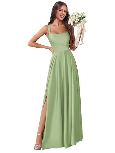 Satin Square Neck Bridesmaid Dresses for Women Elegant A-Line Spaghetti