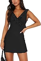 MIYIEONZ Women's Sexy V-Neck Backless Ruffle Mini Dress - Elegant Sleeveless Mesh Party Cocktail Dress