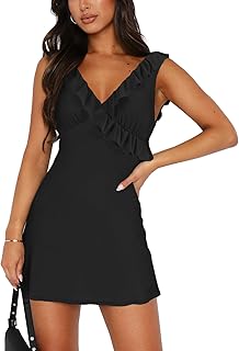 Women's Sexy V Neck Sleeveless Backless Ruffles Dress for Women Elegant Mesh Party Fitted Cocktail Mini Dresses - Buy now