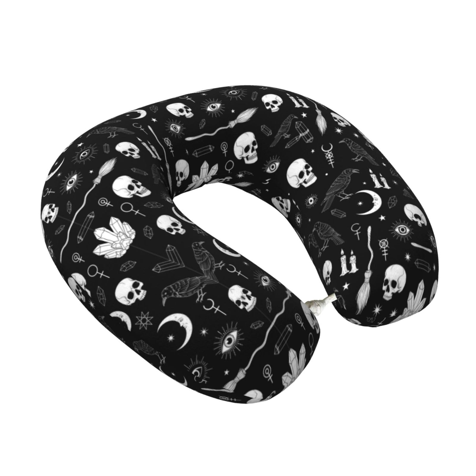 Travel and Office Neck Pillow Gothic Trippy Moon Skull Dark Black Cat Witch Magic Spirit Board, U-Shaped Memory Foam for Comfortable Support During Trips and Work