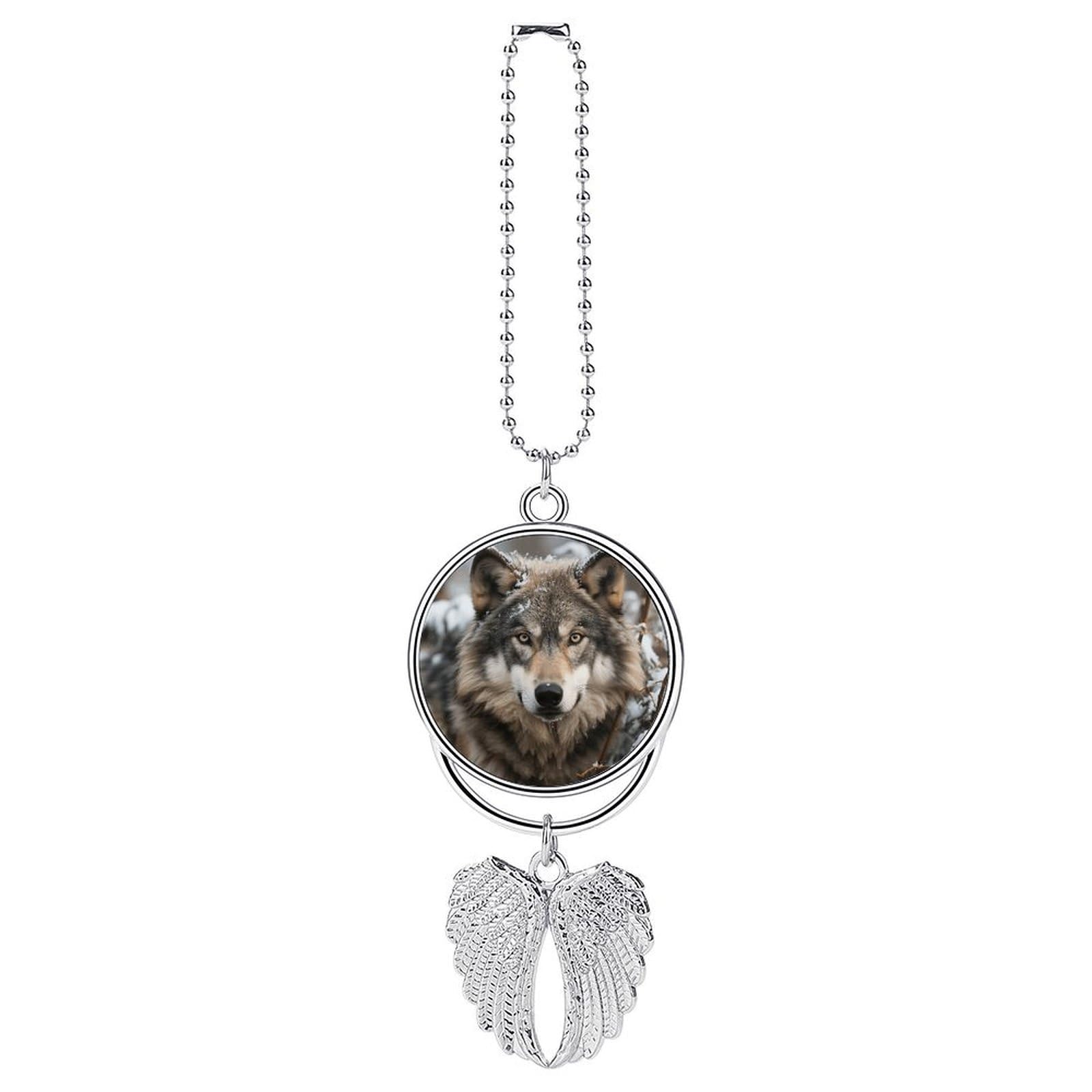 Lmage of Wolf in The Snow Car Pendant Car Rearview Mirror Pendant Custom Photo Car Hanging Ornament Car Rear View Mirror Hanging Accessories Angel Wing Car Charm Gift for Men Women