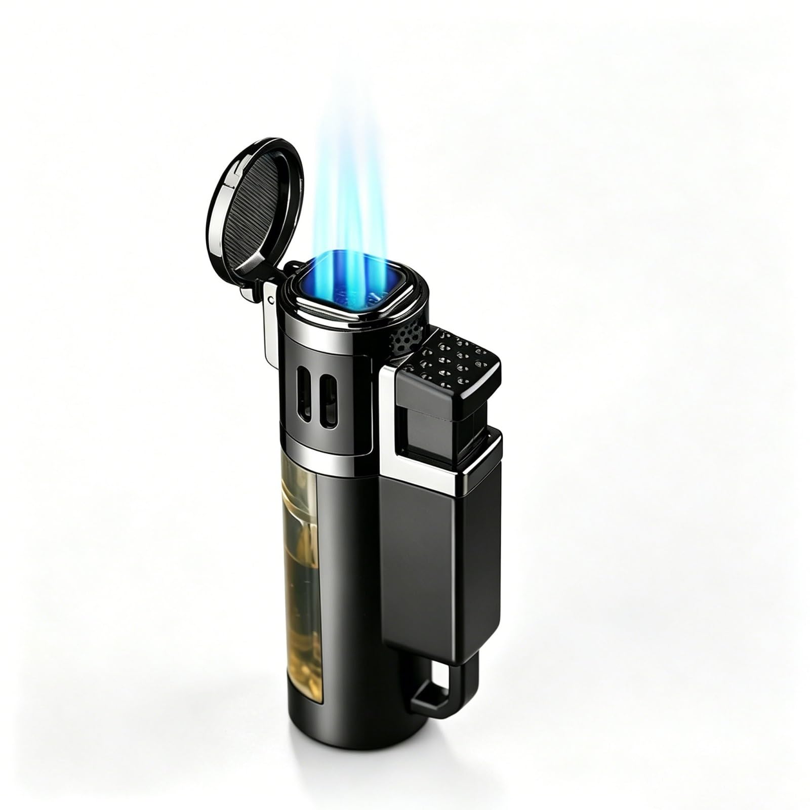 OGQBEAPC Refillable Butane Torch Lighter, 4 Jet Flame Windproof Lighter with Large Transparent Fuel Tank, Adjustable Flame, for Men(C)
