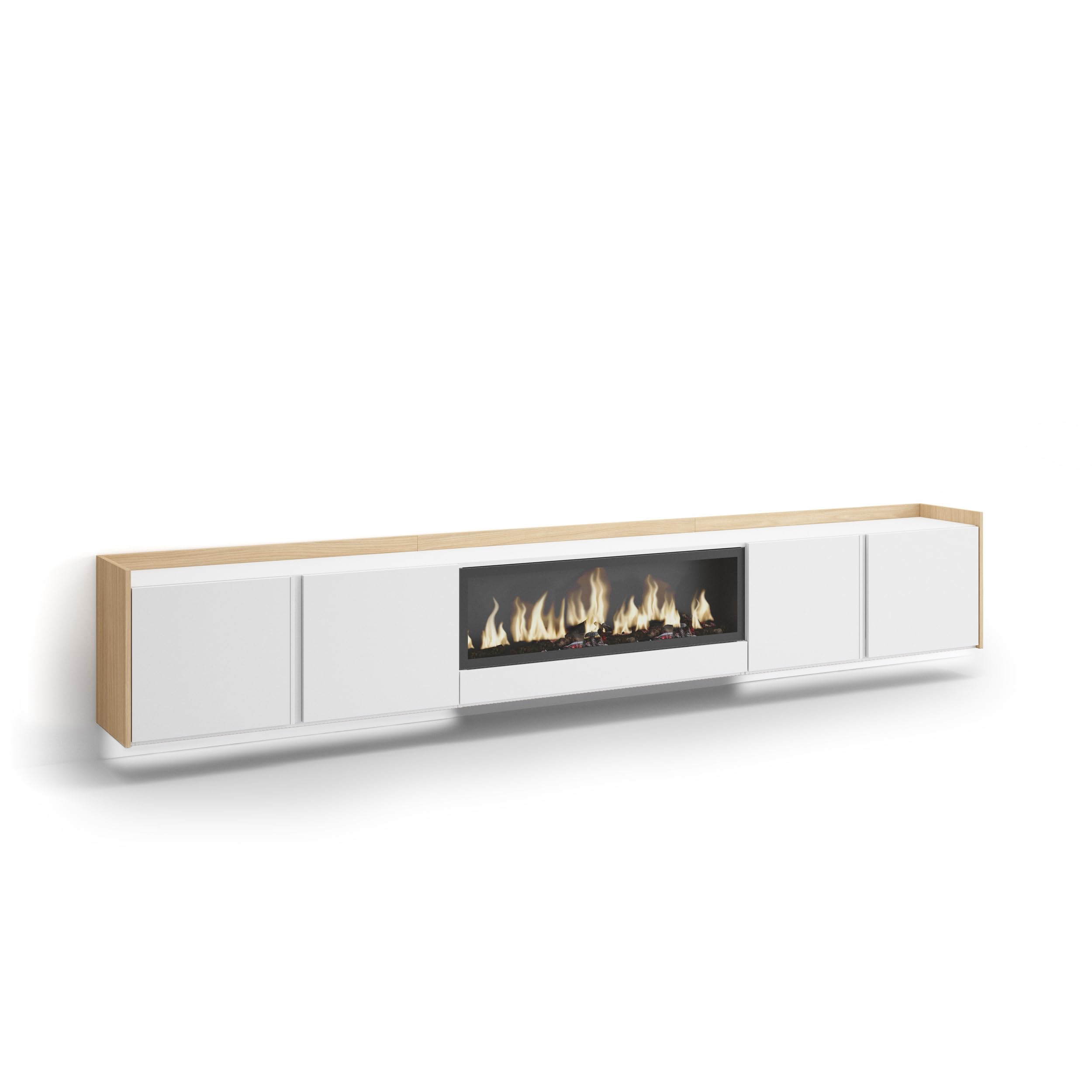 Skraut Home | Mueble TV | Muebles de salón, almacenaje | 315x50x35 cm | para televisión hasta 80" | Chimenea eléctrica XXL | Colgado, Suspendido | LED | Estilo Moderno | Blanco y Roble Soft