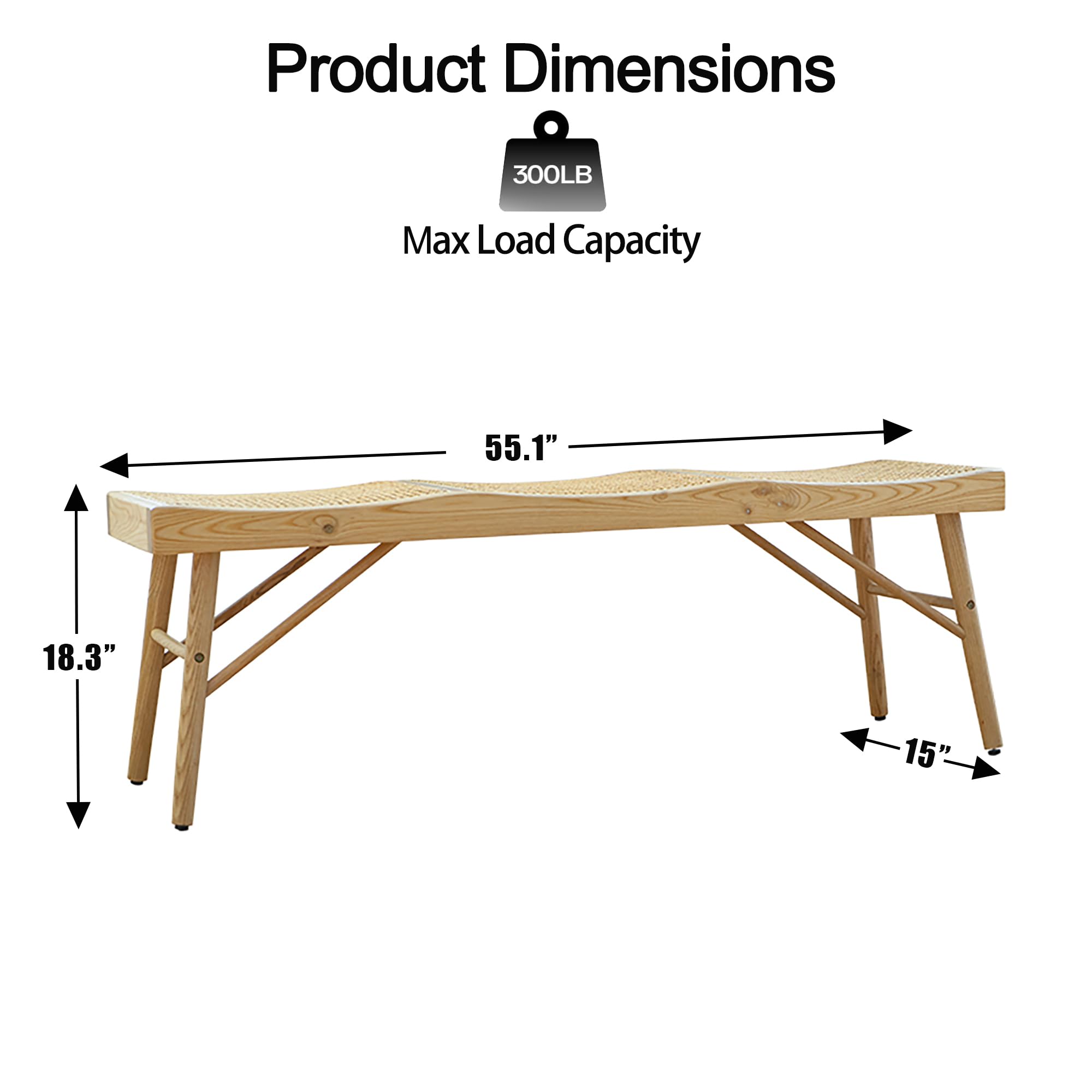 55" Modern Dining Bench, Solid Oak Wood Bench with Rattan Seat, Entryway Bench for Dining Room Table, Indoor Wooden Bench for Living Room, Bedroom, Easy Assembly, Natural Wood