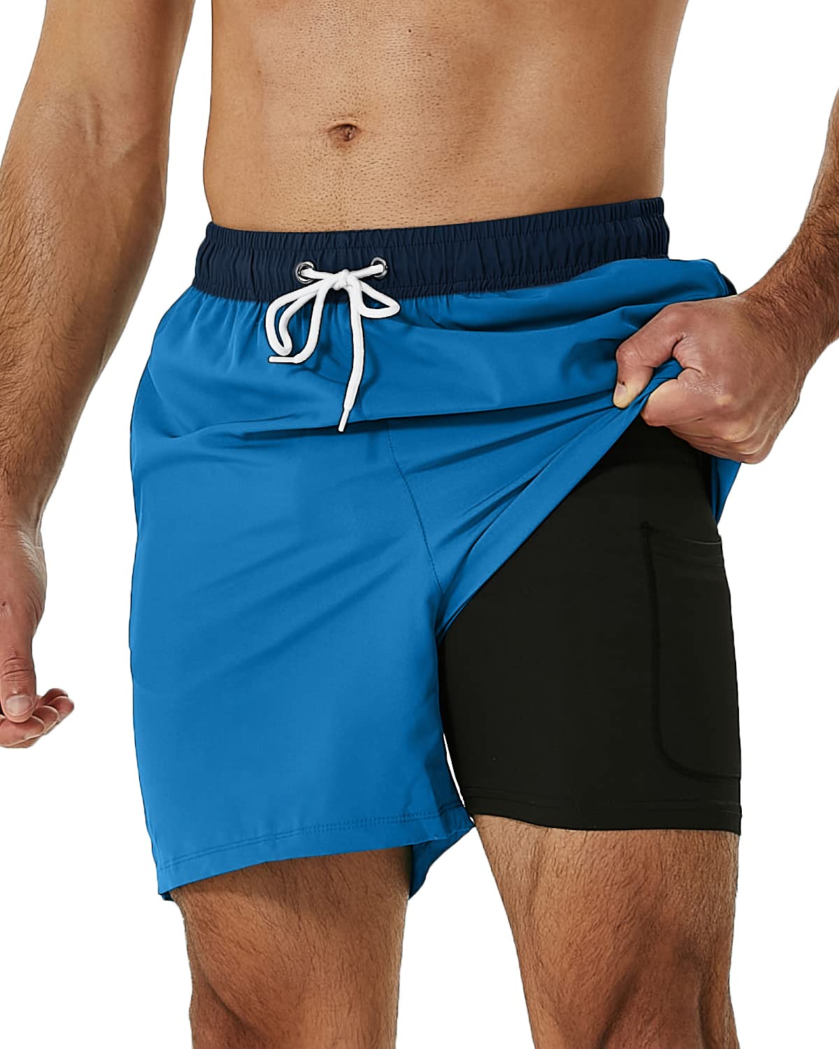 SILKWORLD Mens Swimming Trunks with Compression Liner and Zipper Pockets