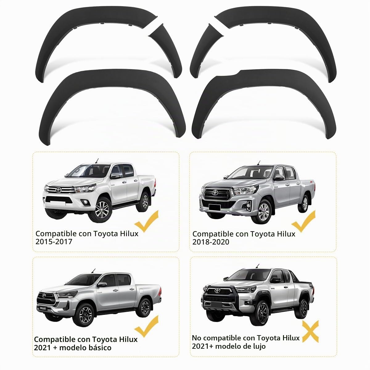 Aletines de Paso de Rueda Negro Mate para Toyota Hilux 2016-2020 & 2021-2026 Doble Cabina, Extensiones de Guardabarros Kit Toyota Hilux Wheel Arches Slim, Hilux Accessories (GX, VX, VXL, Invincible)