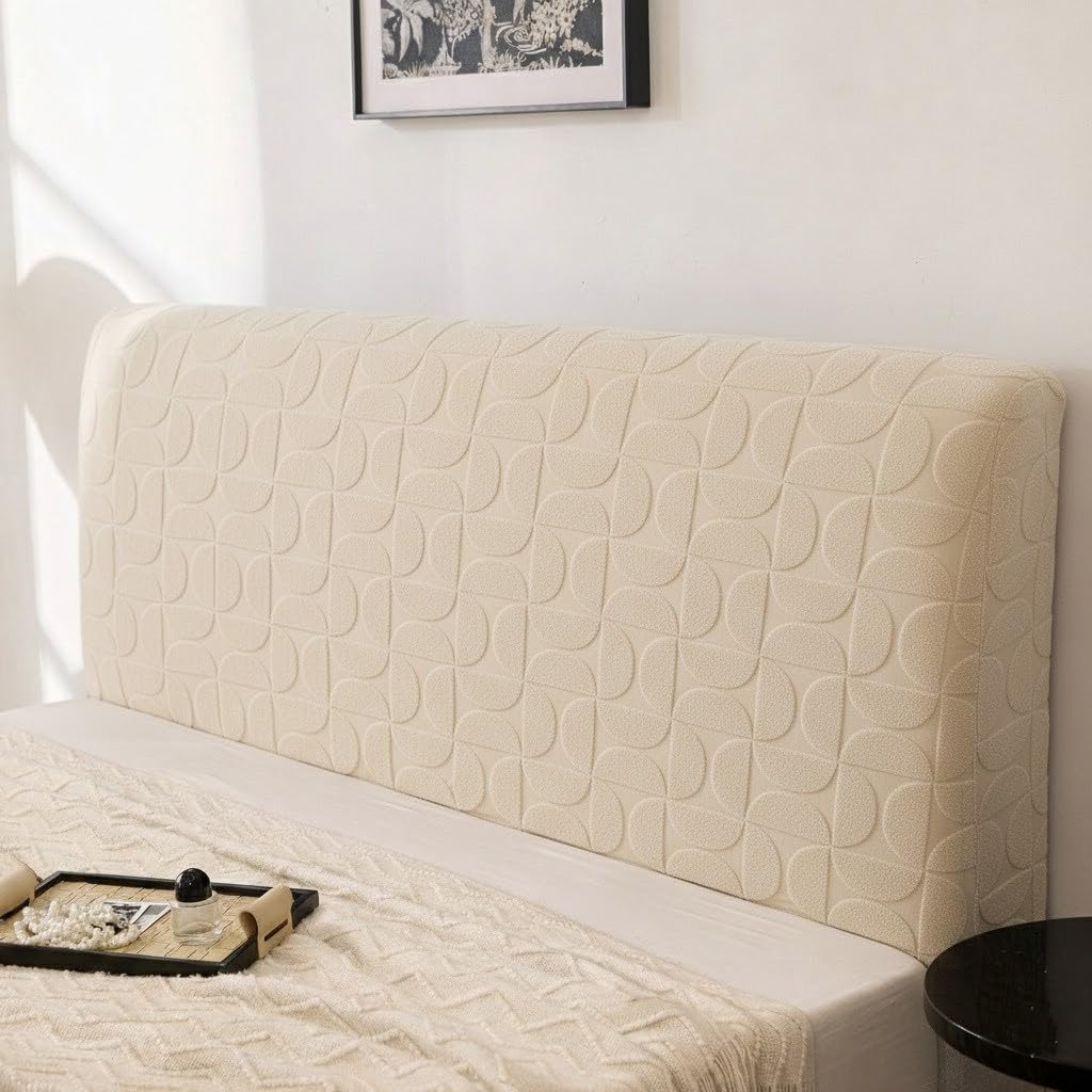 HOMETHREADS Stretchable Lycra/Velvet Headboard Cover | Soft, Dust-Proof & Wrinkle-Resistant Bed Back Protector | Fits Leather, Wooden & Fabric Bedsides | for 4ft to 5.5ft Beds (Cream, 178x65Cm)-image-39