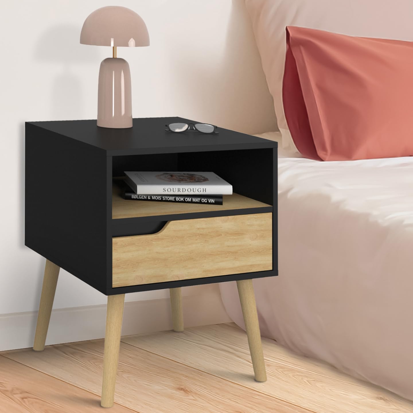 IDMarket - Lot de 2 Tables de Chevet Helsinki scandinaves Noir et Bois