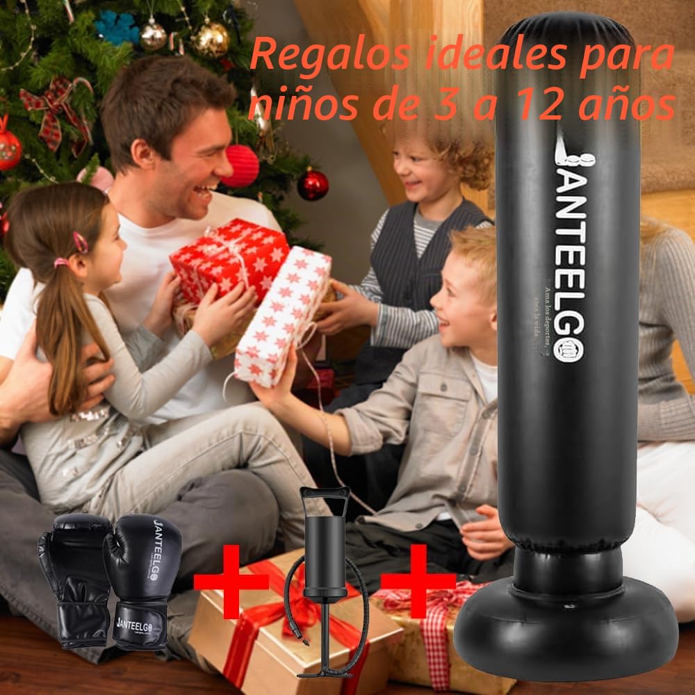 Saco de Boxeo de Pie Niños para Karate y Boxeo: JanTeelGO 150cm Punching Ball Inflable y Guantes de Boxeos - Regalos para Niñas de 3 a 12 años para Practicar Karate, Taekwondo