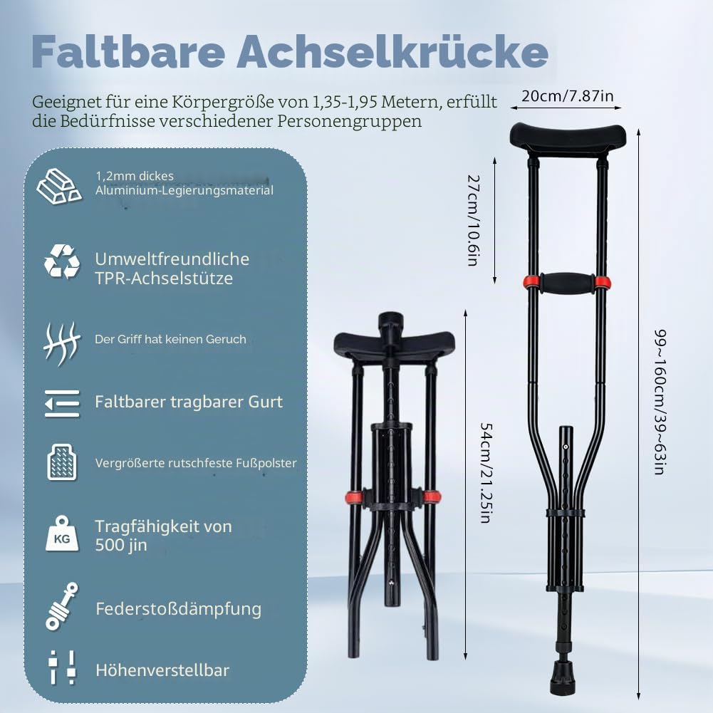Krücken Unterarmgehstützen, Höhenverstellbar Klappbarer Achselkrücken, 150 KG Belastbar, Aluminium Gehhilfe mit Weichen Unterarm- und Handauflagen, 1 Paar