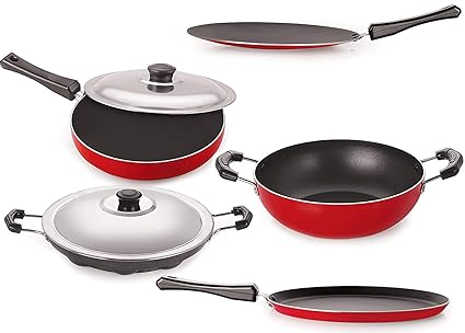 Nirlon Non-Stick Aluminium Cookware Set, 6-Pieces, Red & Black