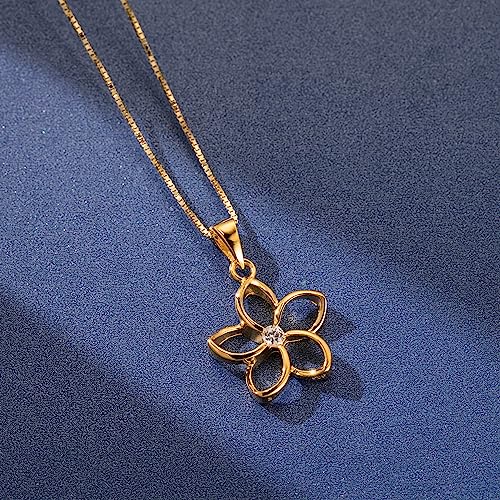 925 Sterling Silver Floating Cut-Out Plumeria Flower Necklace Pendant with 18" Box Chain, 14K Gold Plated, Cubic Zirconia, Nickel Free Hypoallergenic for Sensitive Skin, Gift Box Included2