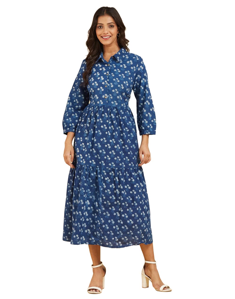 fabindia Indigo Cotton Dabu Printed Midi Dress-picture-13