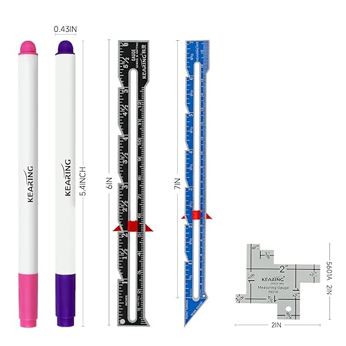 Miniatura 2 de Medidor de costura de 3 piezas con 2 bolígrafos borrables de aire, herramienta de medición de costura, regla de acolchado de tela