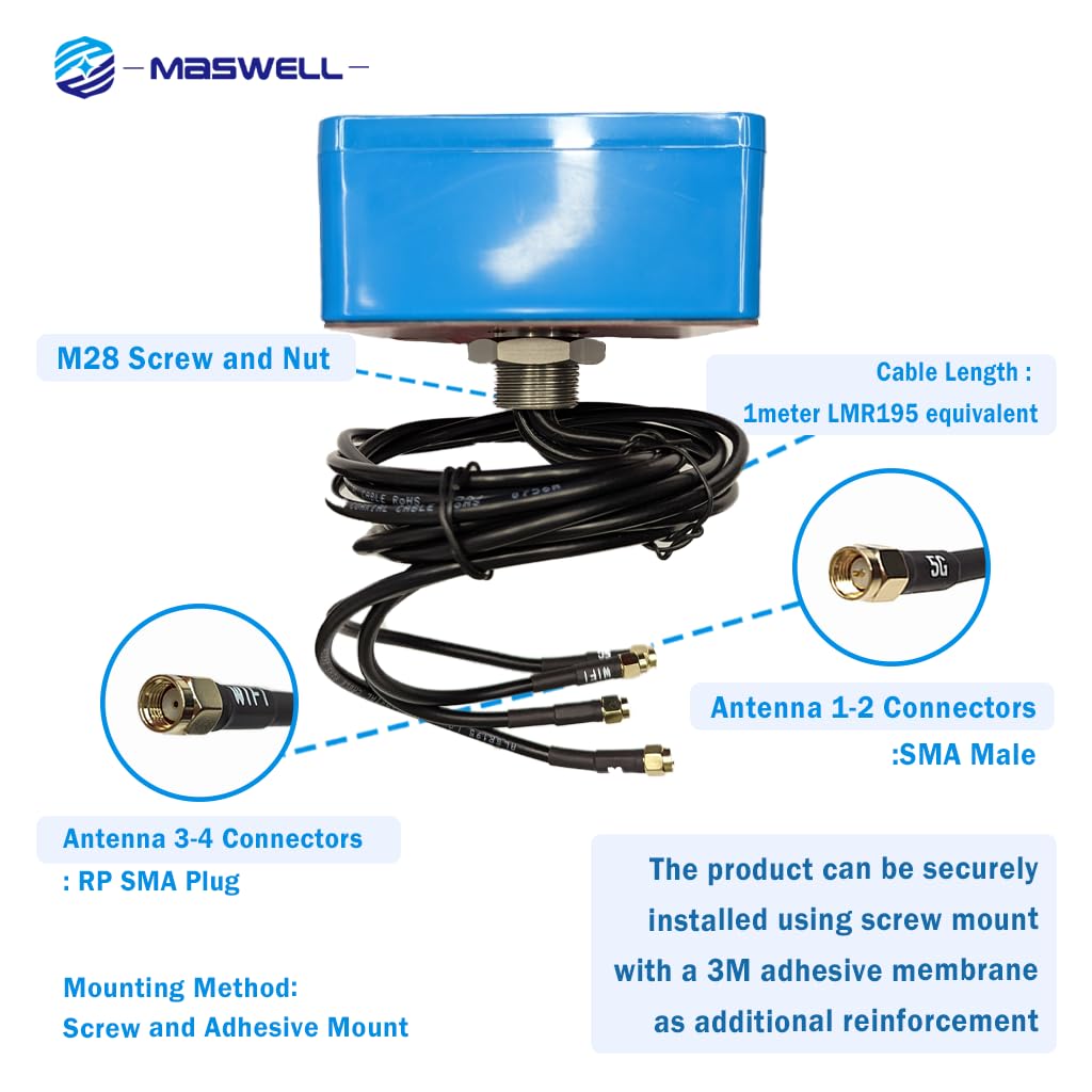 Maswell Antenne 4X4 MIMO LTE pour IoT M2M | Faible Gain 3dBi ne Convient Pas aux compétitions de Vitesse, Omni 700-6000 MHz | 4G LTE 5G NR ​​| Wi-FI 6 Bluetooth WiMAX Zigbee | SMA mâle et TS9