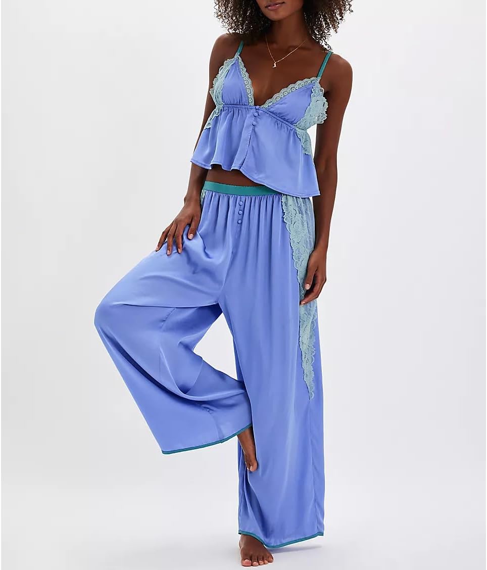 Amiblvowa Silk Satin Pajamas Women Lace Trim Spaghetti Stap Babydoll Tops Mid Waist Wide Leg Pants Y2K Lounge Sets Soft Pjs - Image 2