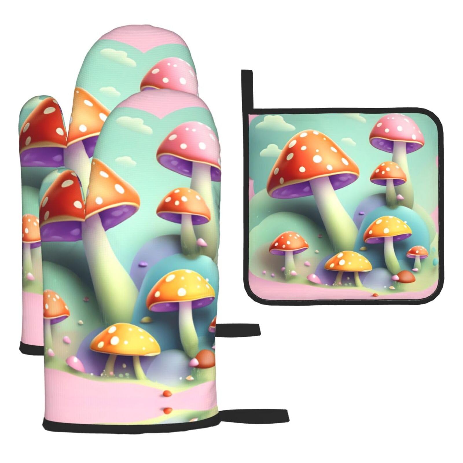 Dreamy Little Mushroom Oven mittens and oven mitts three-piece set suitable for oven, grilling, baking, microwave and home cooking.