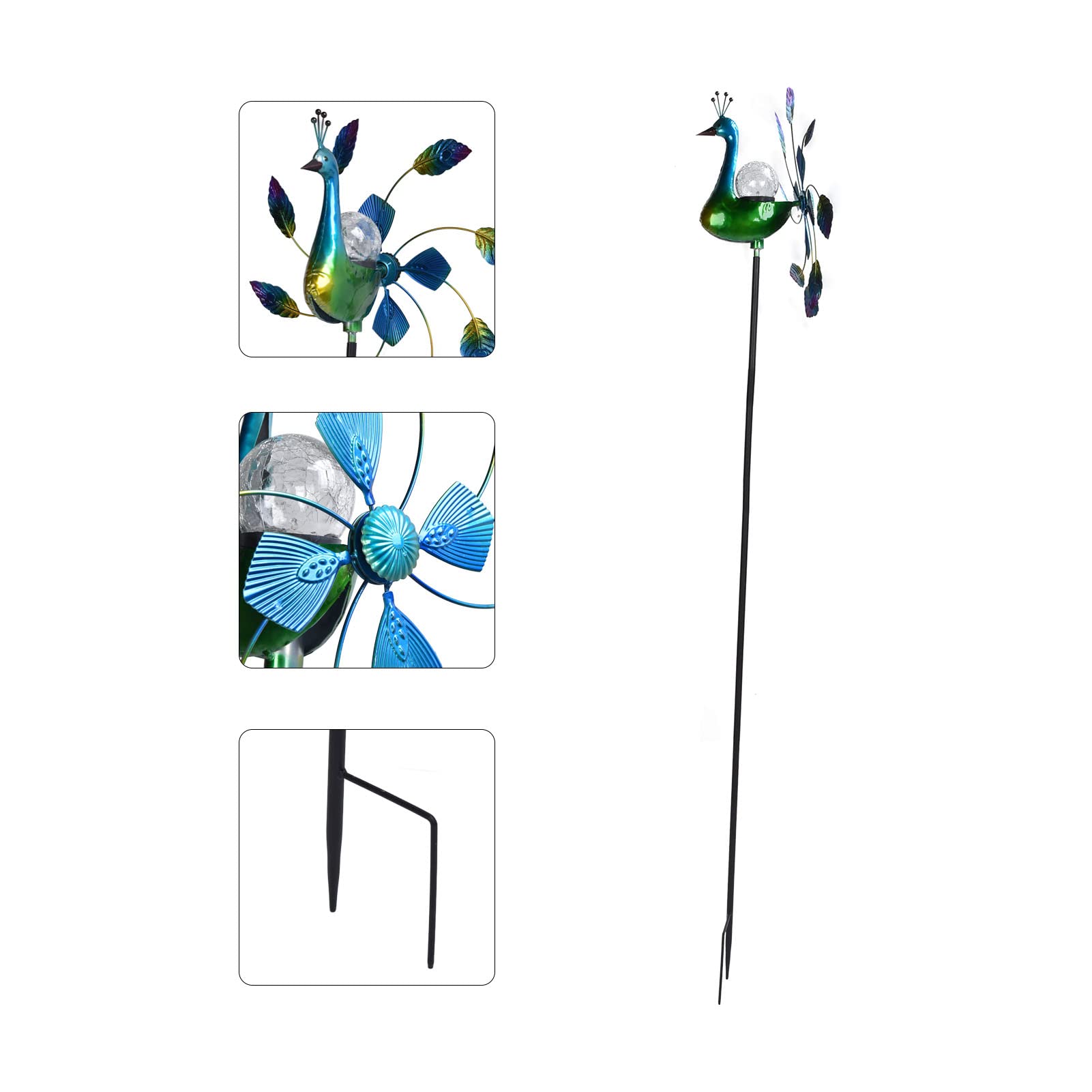 Wakects Molino de Viento de Hierro Forjado, Molino de Viento, Hilanderos de para Exteriores, 66,9 X 16,5 Pulgadas, Luz Que Cambia de Color, Bola de Vidrio, Cuchillas Giratorias Dobles para Jardín,