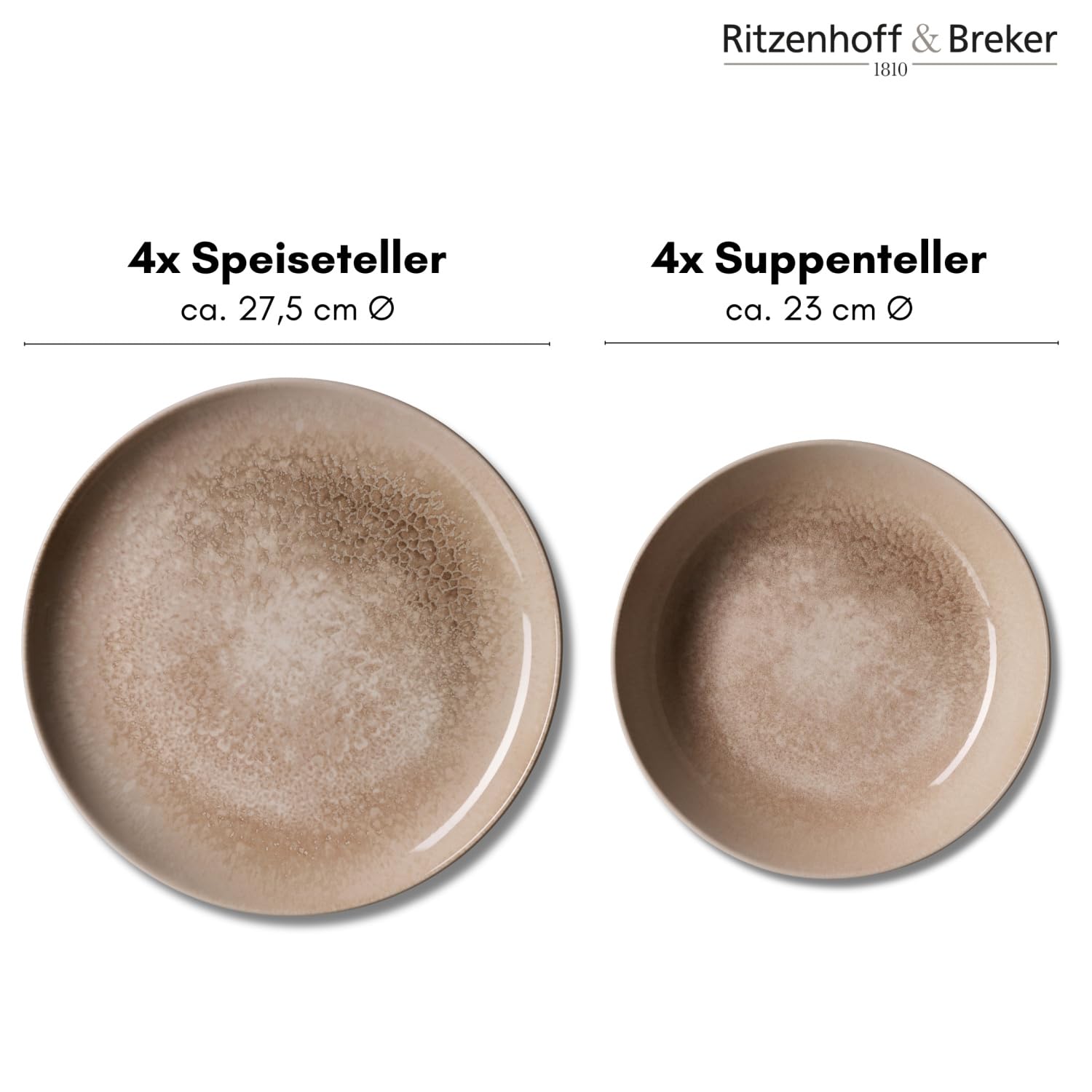 Ritzenhoff & Breker Savora Tafel-Set 8-teilig für 4 Personen – Modernes Geschirr aus Steinzeug im Used-Look – Spülmaschinenfest & Mikrowellengeeignet – Speiseteller & Suppenteller in Sandfarben
