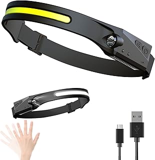 LED Rechargeable Head Lamp Camping Headlamps Motion Sensor Headlamp Flashlight with 5 Light Modes 350Lumens 230° Illumination for Camping, Climbing, Hiking, Fishing, Night Reading, Running (Black)