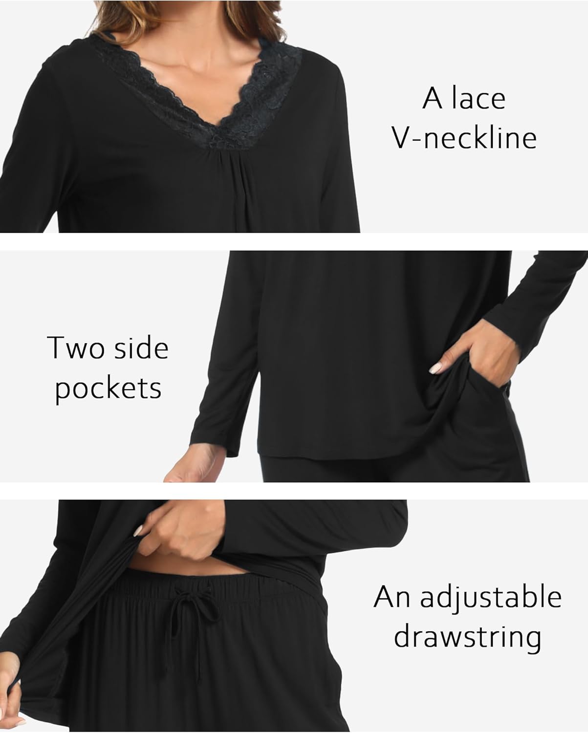 GYS Bamboo Viscose Women's Pajama Sets Long Sleeve Lace V-Neck Soft 2 Piece Sleep Set - Image 5