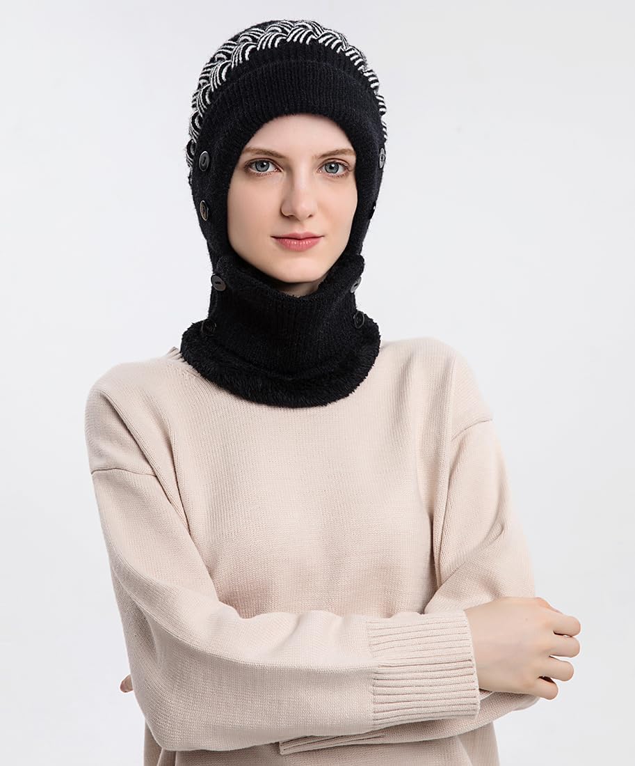 Malaxlx Womens Winter Beanie Hat Scarf Mask Set — Fleece Lined Knit Pom Pom Hat with Hooded Scarf Neck Warmer - Image 2