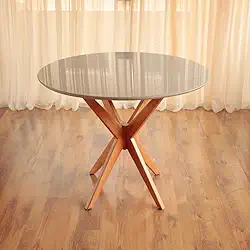 Mesa de Jantar Redonda Laqueada Tampo com Vidro Temperado Base Estrela em Madeira Maciça Mel (90 CM)