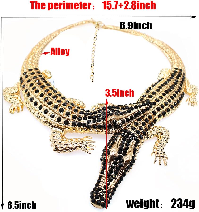 Retro Ethnic Crystal Double Gator Chunky Bib Collar Choker Necklace Gothic Stylish Exaggerated Fashion Animal Statement Necklace Jewelry For Women Gift