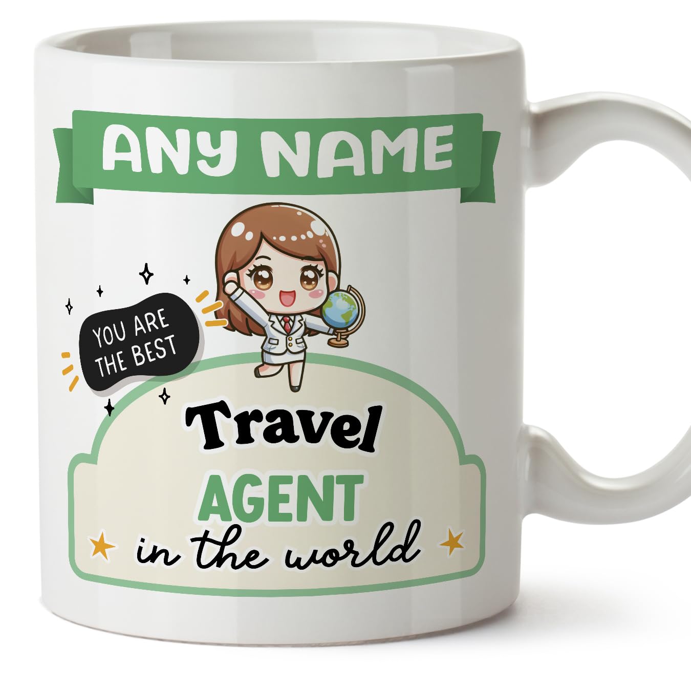 MUGFFINS Personalised Mug for Travel Agent Woman - in English - Best in The World - Kawaii - Funny Custom Gift for Colleagues - Ceramic 11oz Mug