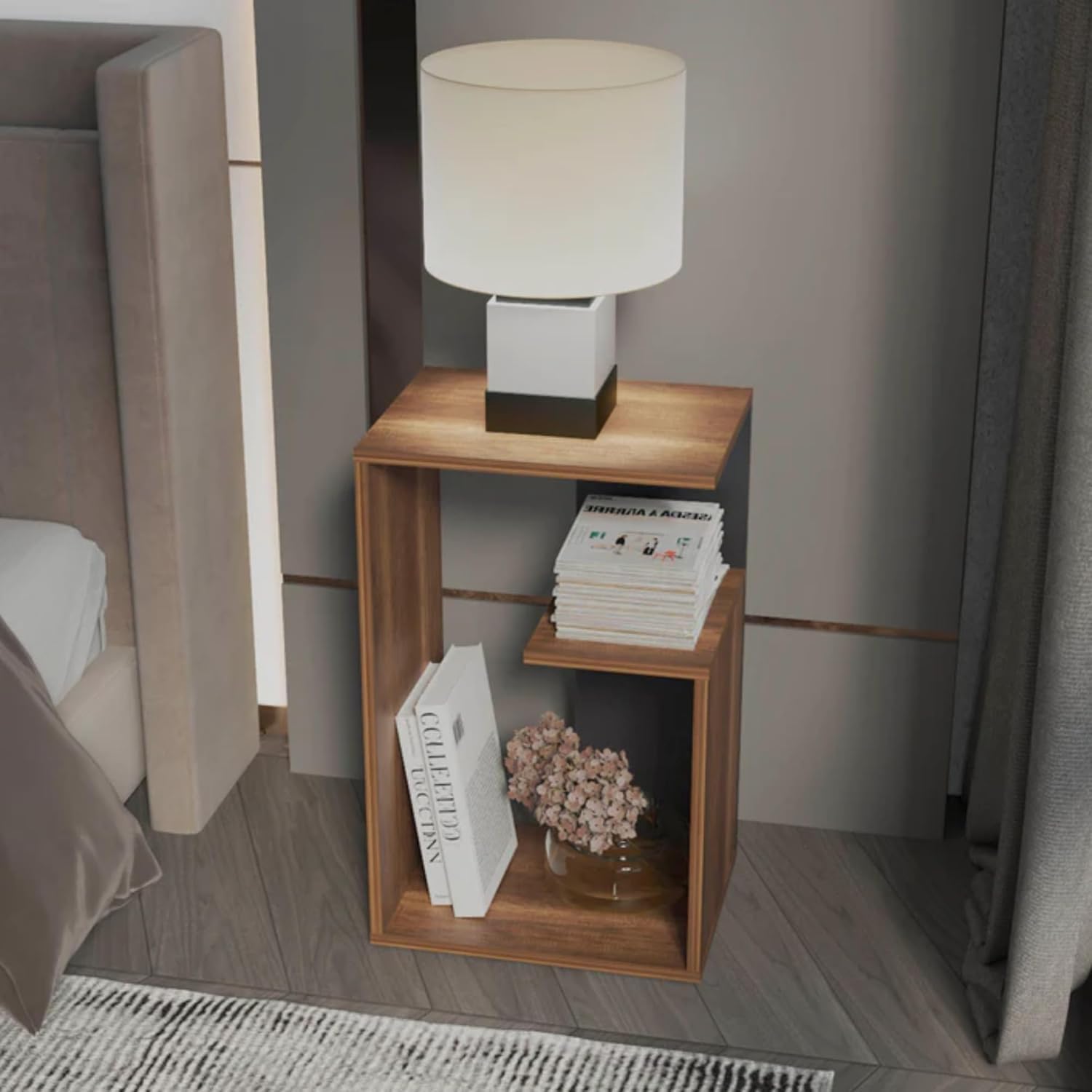 3-Tier Side Table, G-Shaped End Table with 2 Open Storage Compartments, Wood Narrow Bedside Table, Modern Nightstand for Bedroom, Living Room (Walnut & Black)-image-38