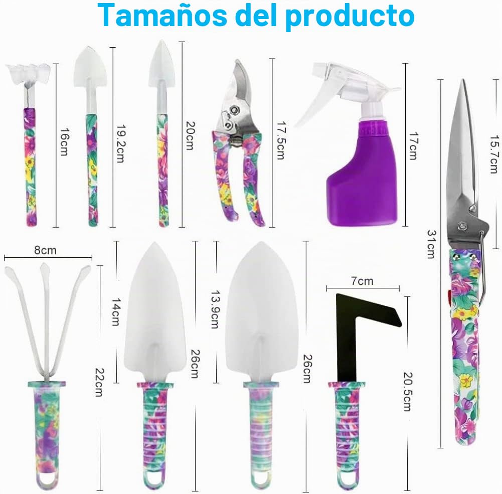 KAHEIGN 10Pzs Herramientas de Jardinería, Estampado de Flores Moradas Herramienta de Mano de Jardín Mango Ergonómico Pala y Podadora Rastrillo Rociador de Agua Jardinería, Regalos para Mujere Y Hombre