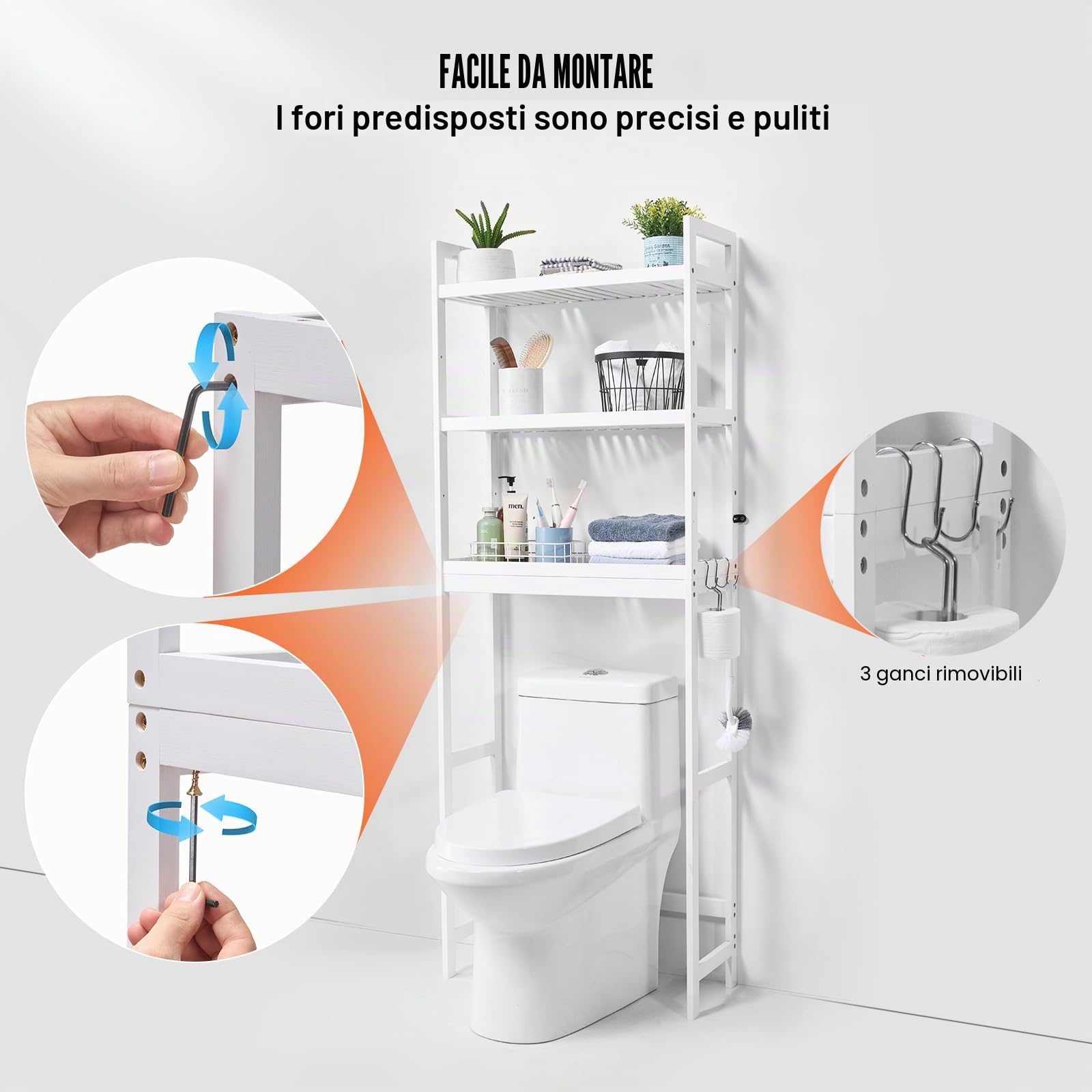 VEVOR Scaffale per WC, Mobile Portaoggetti Regolabile a 3 Ripiani sopra il WC, Mensola per Bagno con 3 Ganci, Organizzatore per Lavanderia, Si Adatta alla Maggior Parte dei WC, Bianco