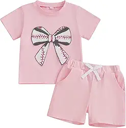 Roupas infantis de verão com laço de beisebol, bordado, felpudo, 2 peças, roupas de dia de jogo de beisebol