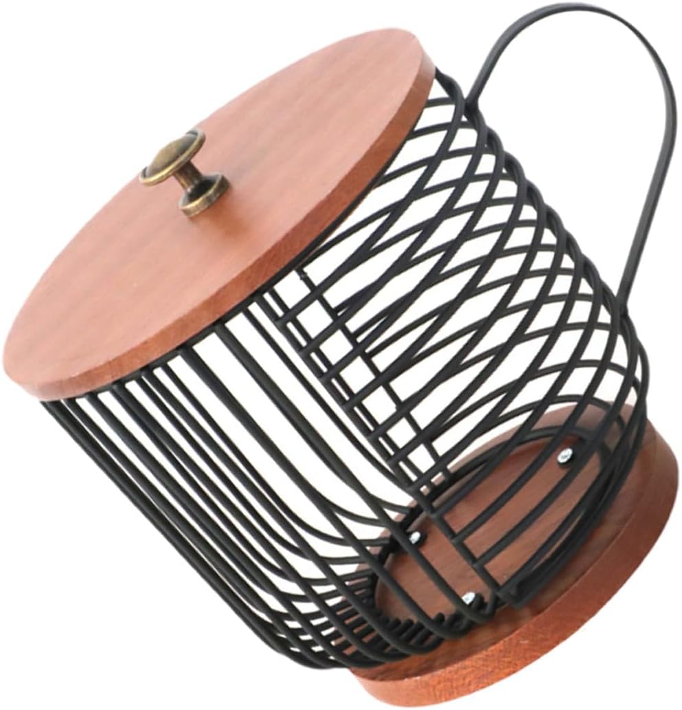 Wooden Metal Coffee Capsule Storage Rack with Lid Multifunctional Coffee Bar Organizer Basket for Desktop Kitchen Office Tea Snack and Fruit Holder