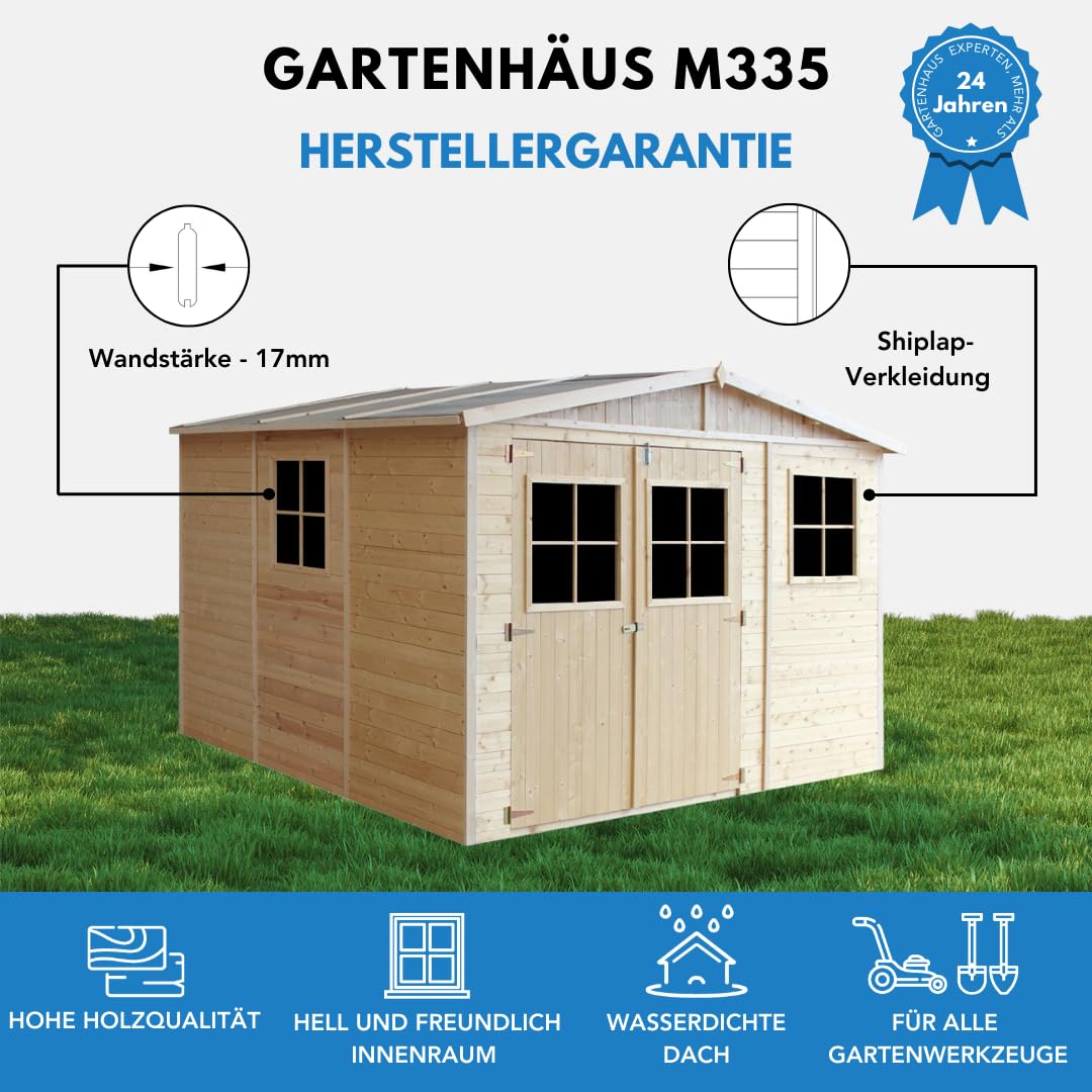 Gartenhaus Holz - Geräteschuppen mit Fenstern - H226x316x324 cm/9 m² Naturholz-Shiplap-Schuppen - Gerätehaus - Fahrradschuppen - TIMBELA M335