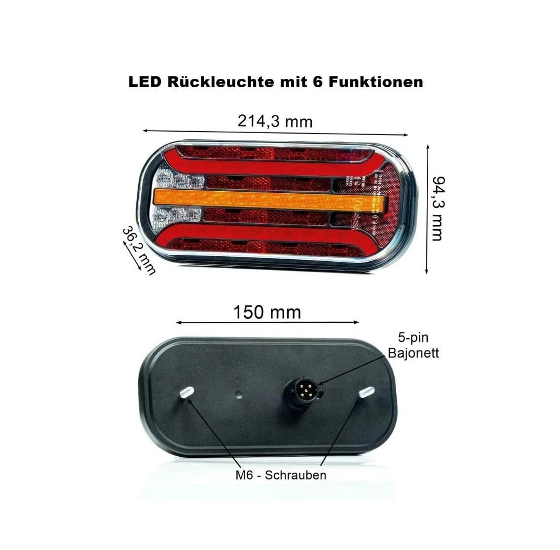 Anhängerbeleuchtung Set – 2x LED Rückleuchte 6 Funk. Dynamischer Blinker + Umrissleuchten + Seitenleuchten + Kabelsatz 13-polig 4,5-11,5 m 12V/24V E9 (Kabel 7,7m/5,3m)