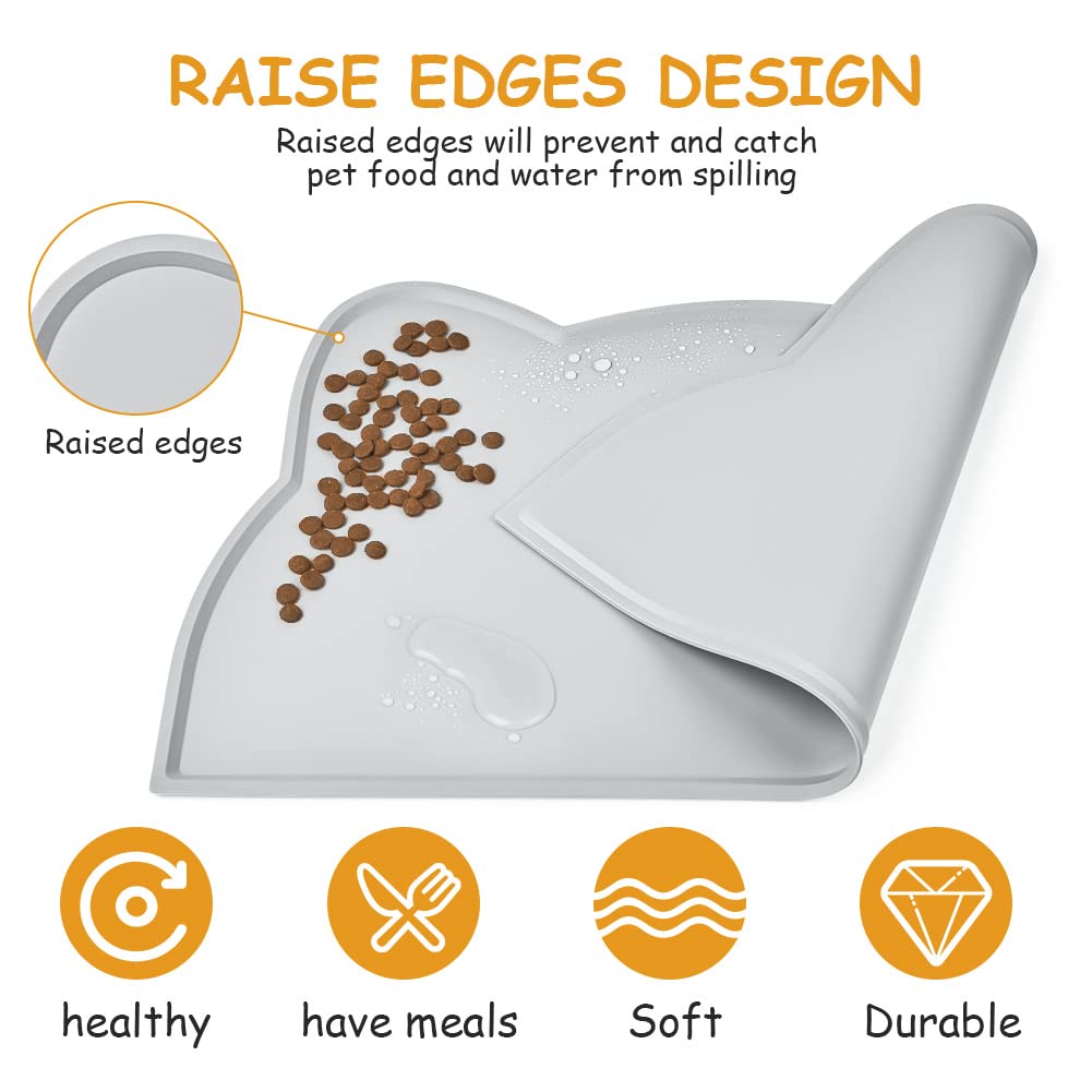 VSSHE Tappetino Ciotola Cani e Gatti in Silicone, 44 x 25 cm Tappetino per Ciotola di Cibo Antiscivolo, Tappetino Sottociotola per Animali Domestici, Evitare Fuoriuscite di Acqua o Cibo (Grigio)