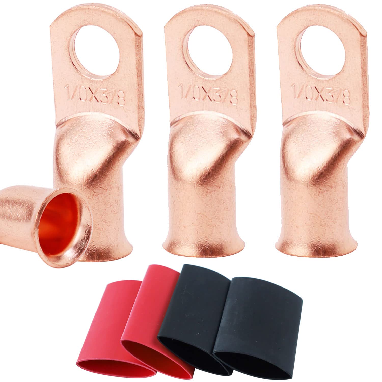 4pcs 1/0 AWG-3/8" Battery Lugs,Copper Wire Lugs,UL Listed Heavy Duty Battery Cable Ends,Tubular Ring Terminals,AWG Crimp Wire Ring Lugs,Battery Terminal Connectors with 3:1 Heat Shrink Tubing