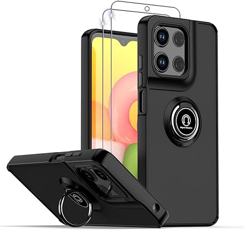 PIXFAB Ring Armor Phone Case for Motorola G15 with 2 Tempered Glass Screen Protectors, 360° Rotatable Kickstand, Shockproof Heavy Duty Protection, Magnetic Car Mount Compatible - Black