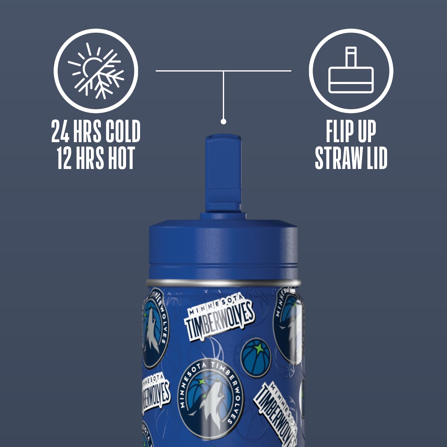Hydrapeak NBA Minnesota Timberwolves Mini-Wasserflasche für Kinder, Edelstahl, mit Strohhalm-Deckel und flexiblem Griff, doppelwandig, isoliert, auslaufsicher, 400 ml