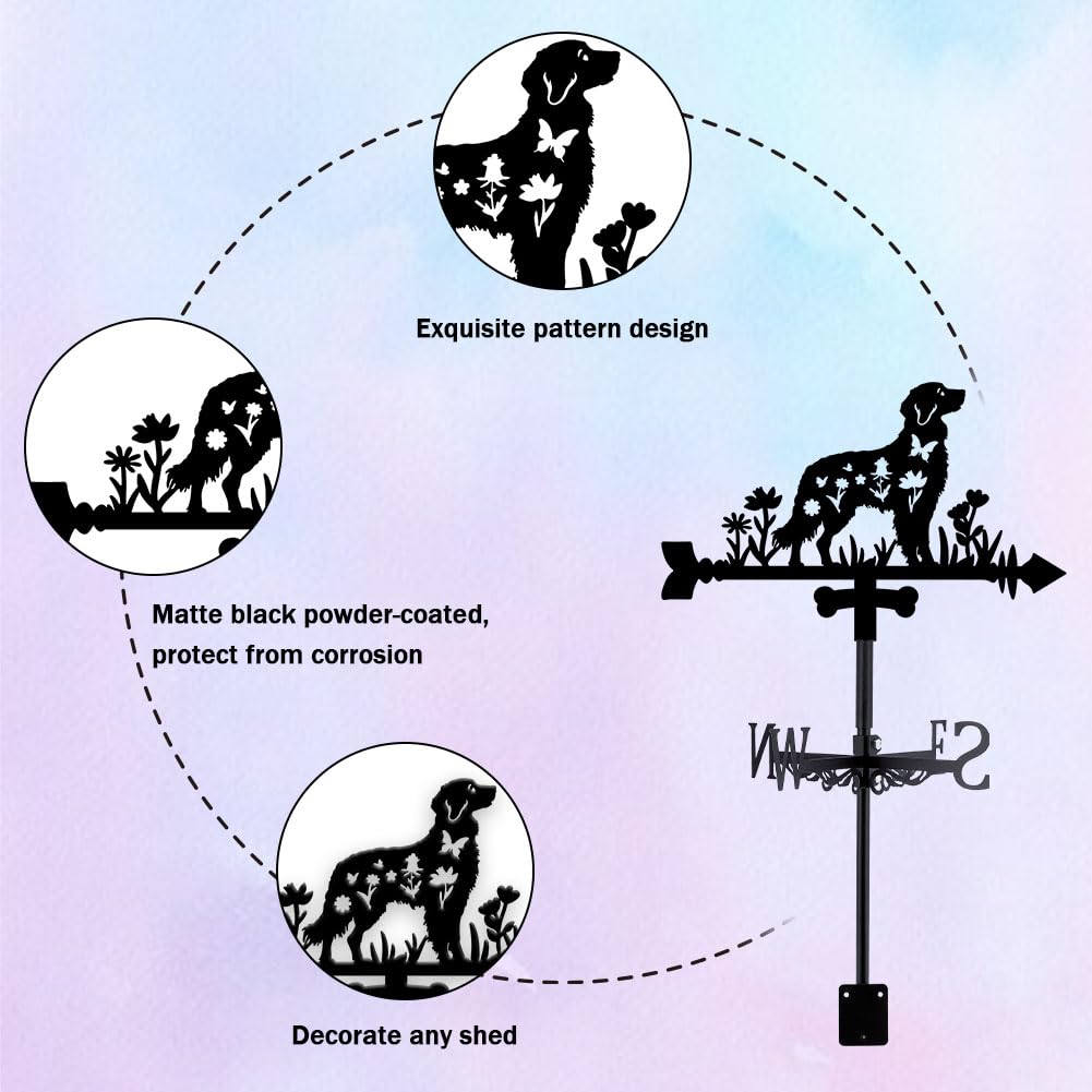 beinkmake Dog Weathervane Metal Wind Vane Animal Flowers Garden Art Decoration Direction Sign Indicator Stake Mount Ornament for Patio Lawn Farmhouse Yard Roof Outdoor - Image 3