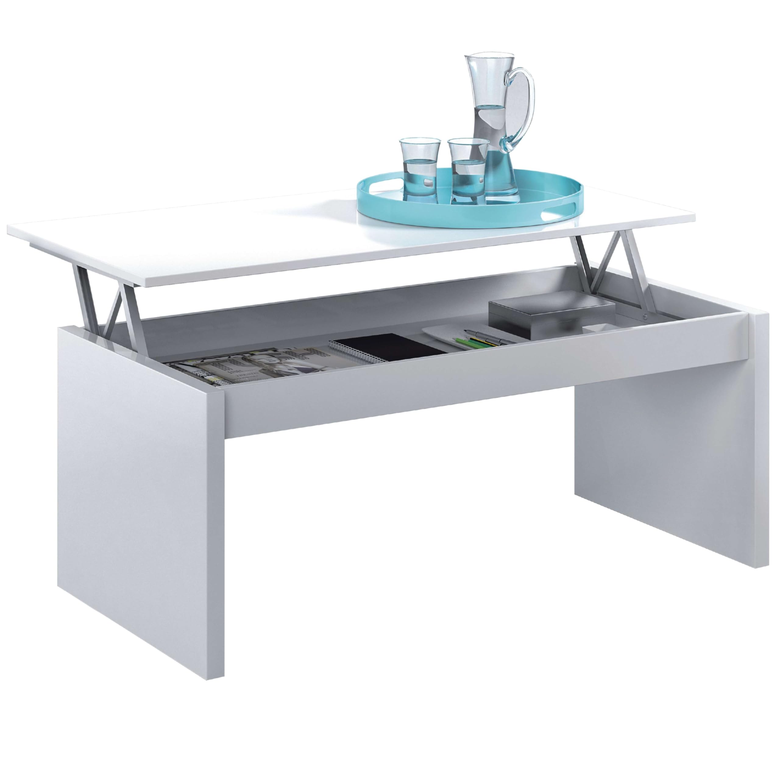 Habitdesign – Mesa de Centro Elevable, Mesa Auxiliar para Salón Comedor, Color Blanco Brillo, 102x43-54x50 cm - Modelo Zenit
